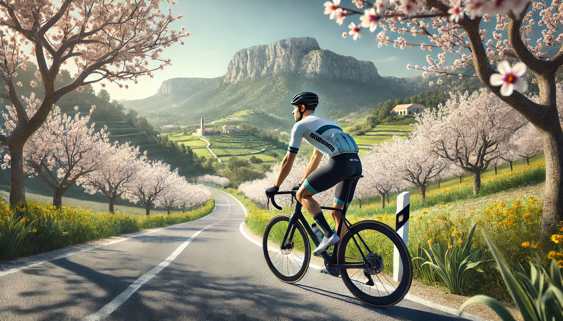 Cyclist riding through Mallorca's picturesque countryside during spring, surrounded by blooming almond trees, rolling green hills, and the Tramuntana mountains under clear blue skies.